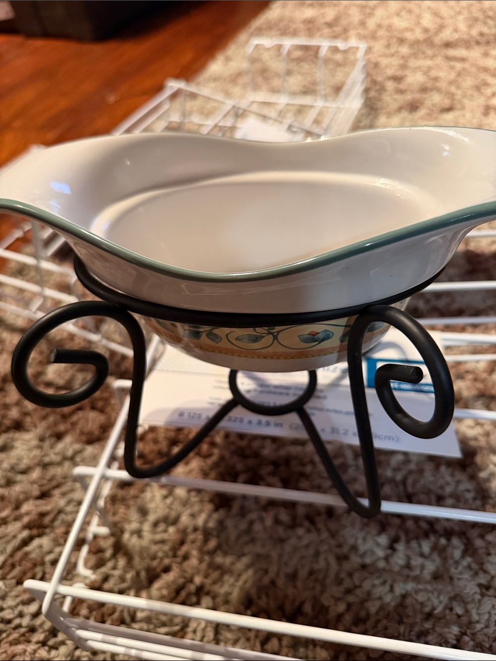 Pfaltzgraff White and Green Trim Sauce Boat with Black Iron Stand